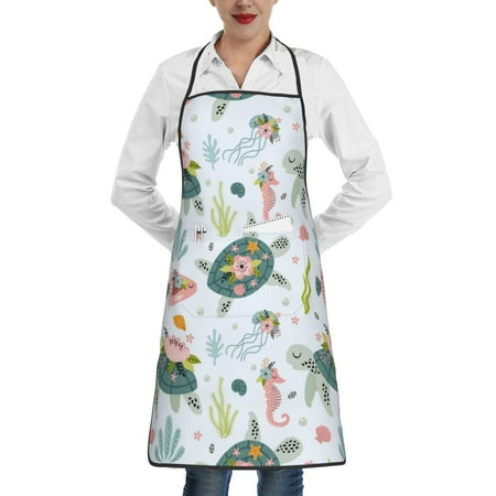 

Gaeub Turtle and Sea Life Kitchen Cooking Aprons Adjustable Bib Apron Waterdrop and Oil Resistant Kitchen Chef Apron for Women Men