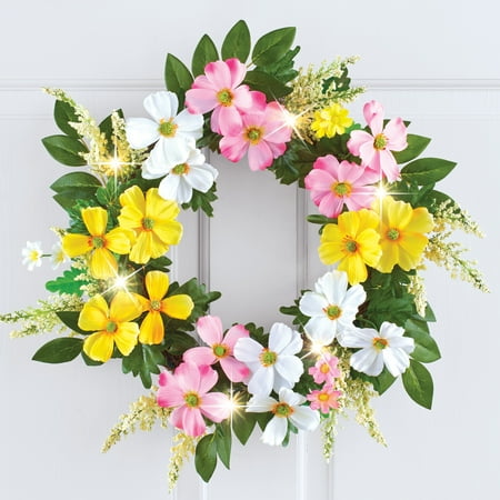 Wreath Greenery Collections Etc Dogwood Floral Spring Wreath with LED Lights and Lush Greenery, Hook Attached for Easy Hanging ()