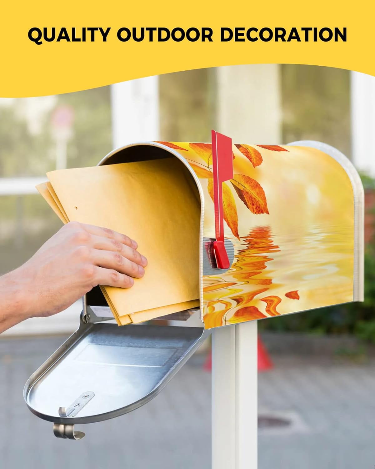 Mailbox Cover Magnetic Mailbox Wraps, Autumn Water Surface Golden Yellow Fallen Leaves Mailbox Covers Standard Size 18x21 Inch Mail Wrap Post Letter Box Decoration for Outdoor Gardern Yard