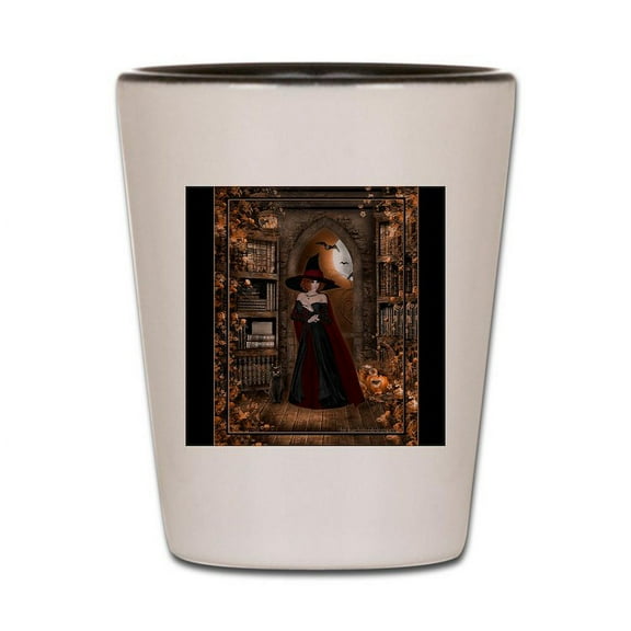 CafePress - Witch In Library - White/Black Shot Glass, Unique and Funny Shot Glass