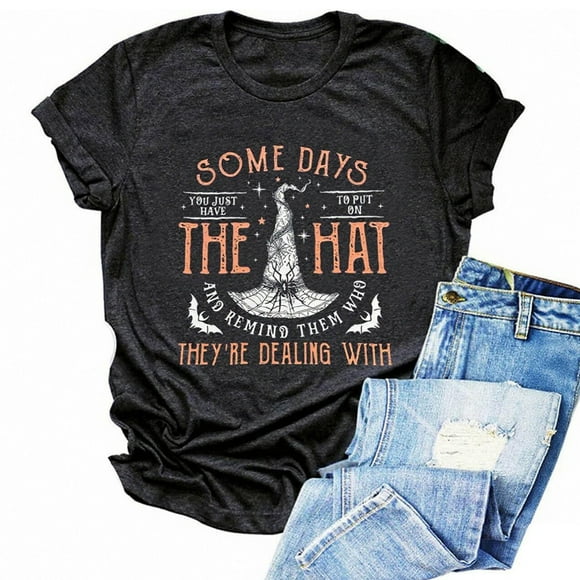 Casual Short Sleeve Witch Hat Print Round Neck Graphic Tee Top Comfortable Everyday Wear For Women