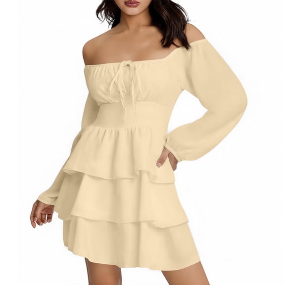 DHFJKG Off The Shoulder Dresses For Women Long Sleeve 3 Layeres Party Mini Dress Solid Color Fashion Carnival Party Clubwear Versatile Dresses