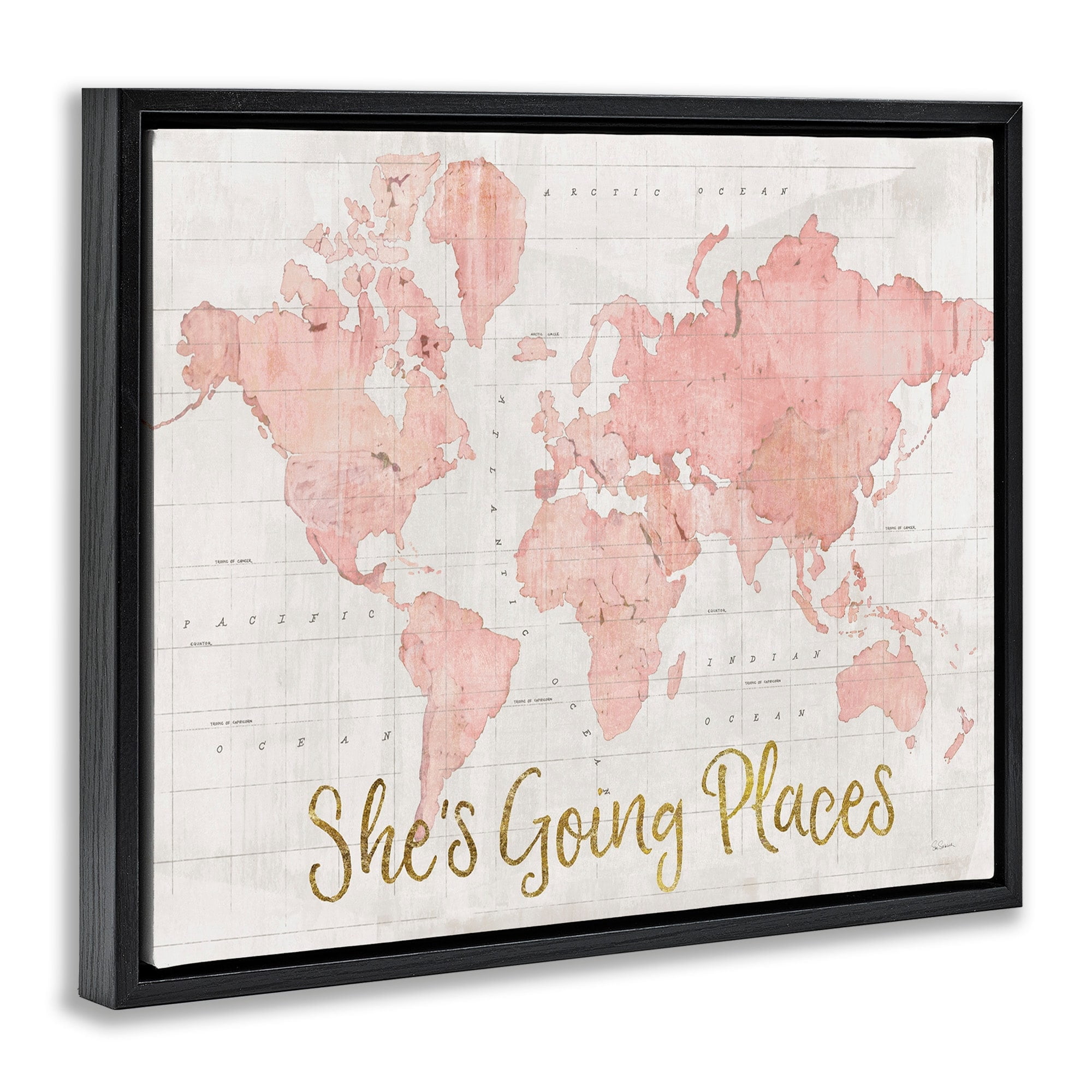 Stupell Industries She's Going Places Quote Pink Watercolor World Map Jet Black Framed Floating Canvas Wall Art, 16x20, by Sue Schlabach
