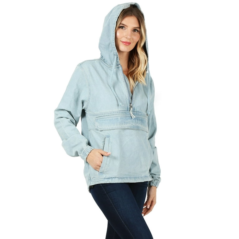 Women s Premium Cotton Casual Hoodie Half Zip Pullover Denim Jean Jacket Light Blue 2XL Walmart