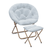 BEZT Round Folding Faux Fur Saucer Chair for Bedroom Living Room Dorm Foldable Metal Frame Oversized Large Comfy Furry Padded Soft Cozy Moon Chair with Footrest Ottoman for Adults (Blue)