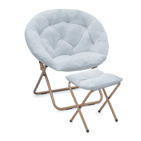 BEZT Round Folding Faux Fur Saucer Chair for Bedroom Living Room Dorm Foldable Metal Frame Oversized Large Comfy Furry Padded Soft Cozy Moon Chair with Footrest Ottoman for Adults (Blue)