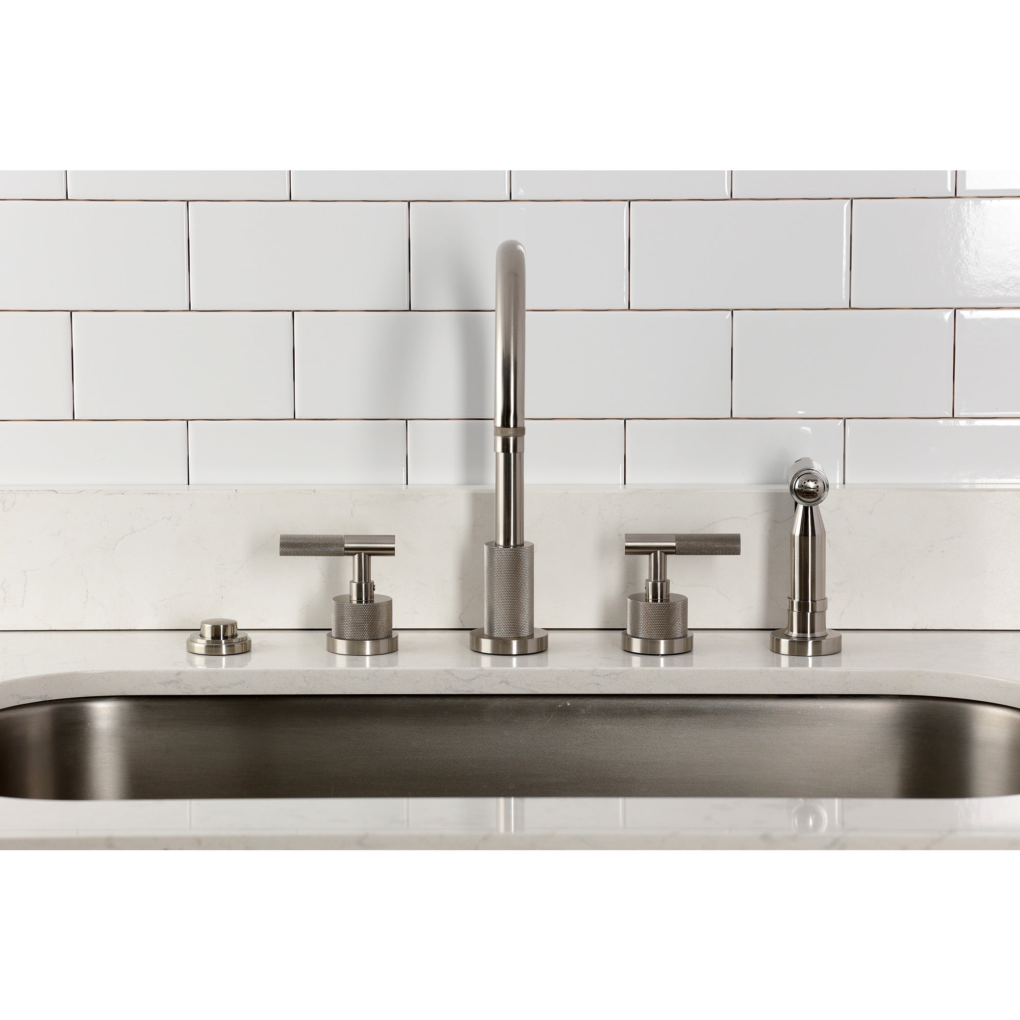 Kingston Brass KS8728KNLBS Convergent Double-Handle 4-Hole Widespread Kitchen Faucet with Knurled Handle 4-Hole and Brass Sprayer in Brushed Nickel