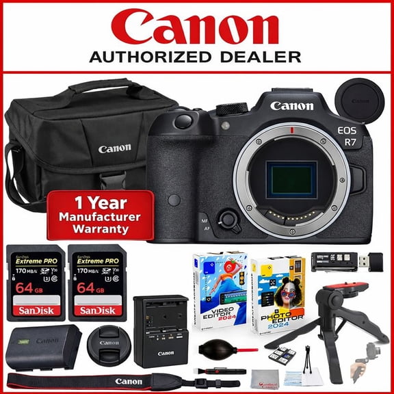 Canon EOS R7 Mirrorless Camera Body Only Bundle with Canon 200ES EOS Shoulder Bag   2X 64GB Extreme Memory Cards   Accessory Kit
