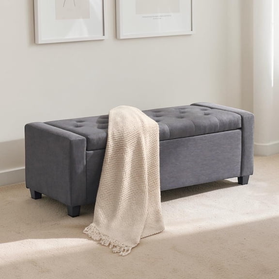 IVV 48" Linen Upholstered Storage Ottoman Bench with Tufted Seating, Safety Hinge, and Rubber Wood Legs, for Entryway, Bedroom, Living Room (Gray)