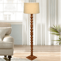 Rustic Wood Floor Lamp in Walnut Brown with Multicolor Fabric Lamp Shade | Light Decoration for Home Corner | Living Room & Bedroom Bedside Floor Lamp, Antique Floor Light, Sweetie Round, Off-White