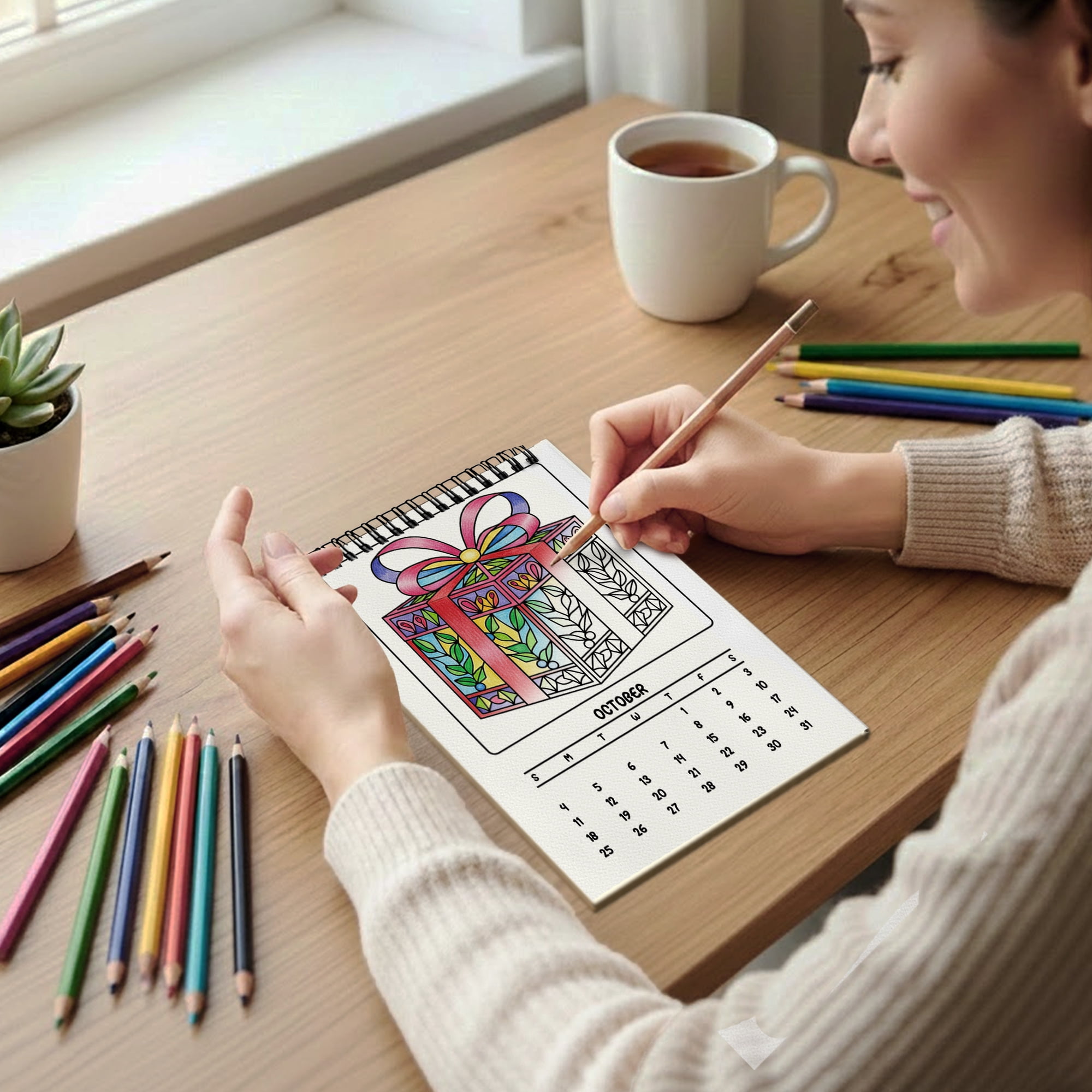 Stained Glass Christmas Coloring Desk Calendar 2026–2027, A5 Wooden Cover Planner with 26 Easy Coloring Pages for Adult Relaxation, 24 Month Desktop Calendar with Stand, Gift for Family & Friends