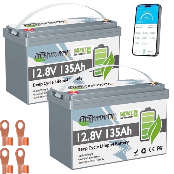 2Pack 12V 135Ah LiFePO4 Lithium Battery Bluetooth,TCBWORTH for RV,Solar,Marine,Caravans,Trolling Motor,Camping,15000 Deep Cycles,Smart 100A BMS,Group 31,1728WH