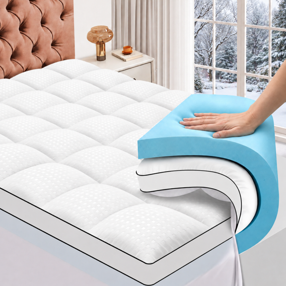 Vccoem Queen Mattress Topper, 4-inch Dual Layer Memory Foam with Cooling Gel & Plush Pillow Top, Anti-Slip Mattress Pad, Deep Pocket, Noiseless Washable