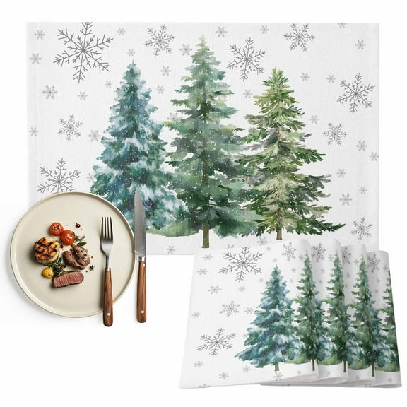Green Christmas Tree Placemats Set of 4, Xmas Grey Winter Snowflakes Table Mats Washable Heat-Insulation Non-Slip Place Mats for Kitchen Dinner Table Indoor Outdoor Decor,13x19 Inch White