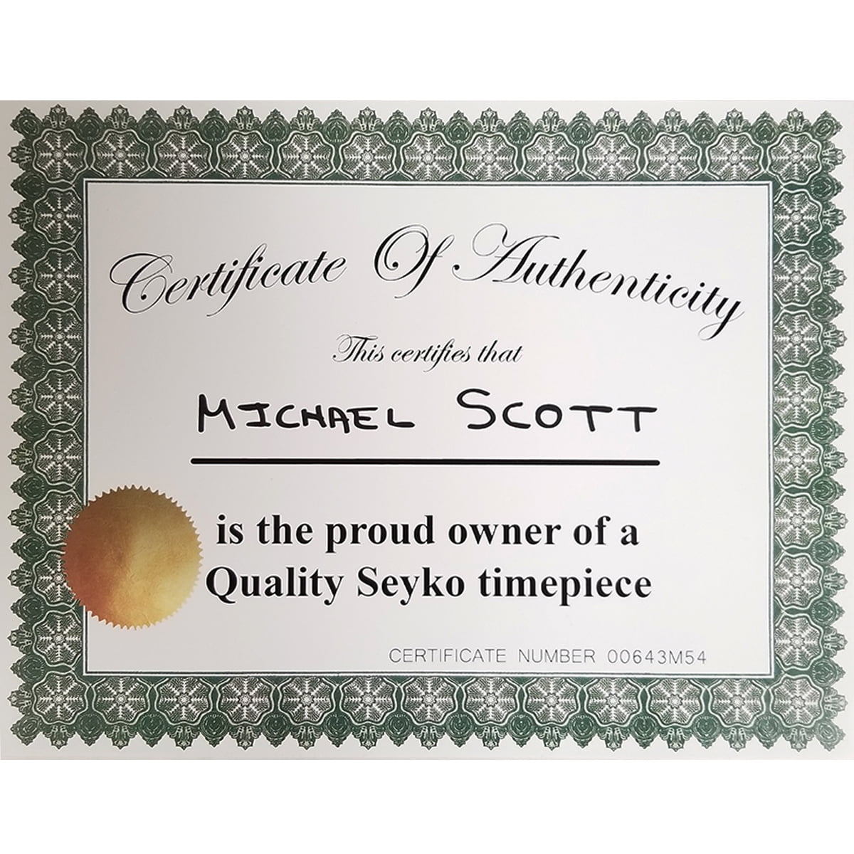 Michael Scott Quality Seyko Timepiece Certificate Of Authenticity The  Office TV 