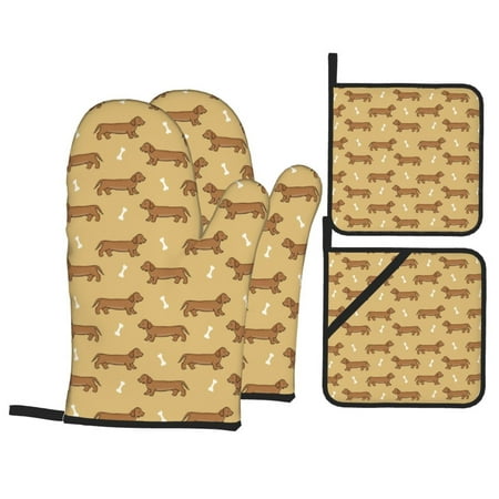 

Oven Mitts and Pot Holders Sets 4 pcs Brown Dachshund Dog Puppy Non-Slip Oven Gloves Potholders Soft Quilted Lining Heat Resistant Gloves Hot Pads for Kitchen Cooking Baking