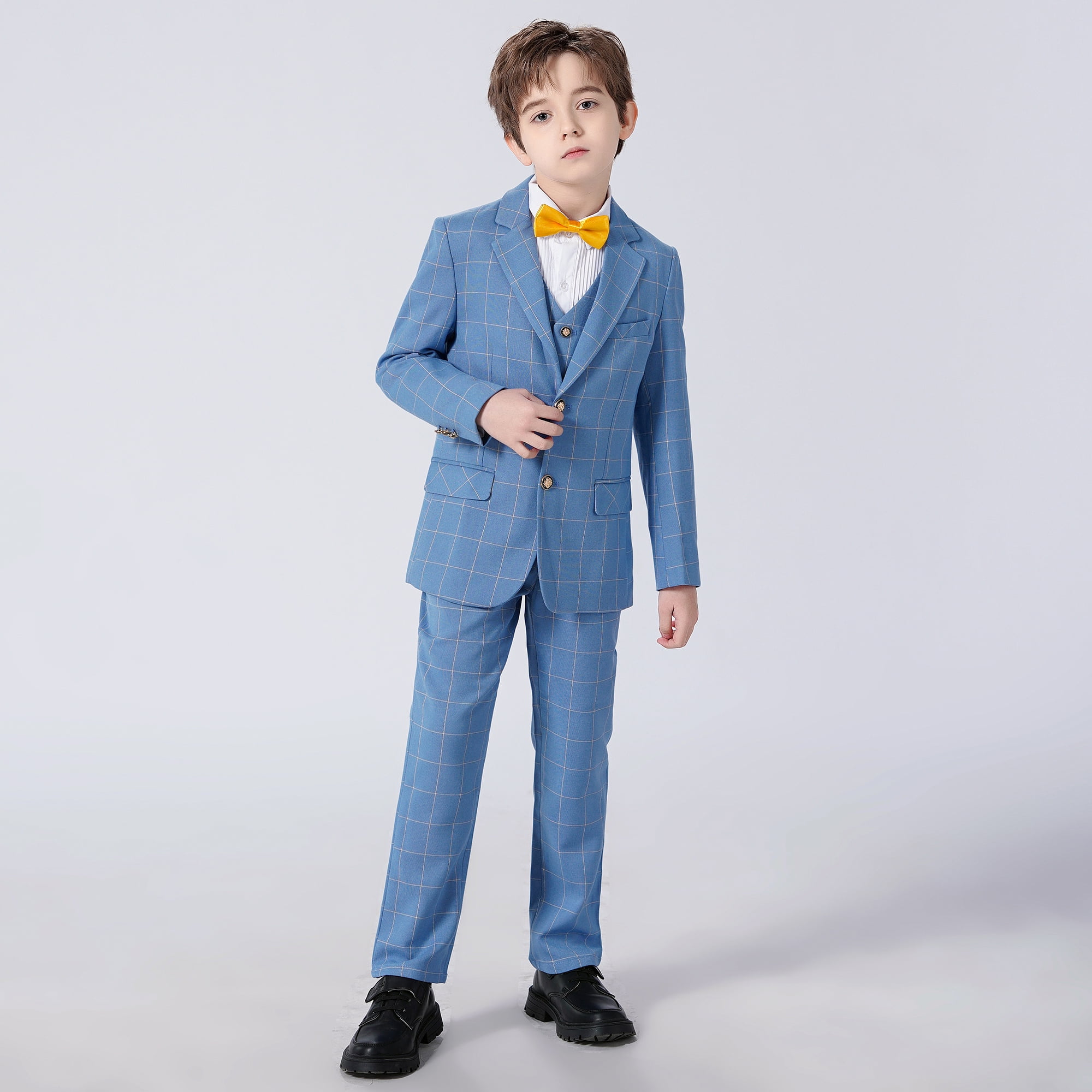 Wehilion Boys Suits 5 Piece Set Slim Fit Blue check Kids Wedding Outfit