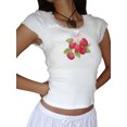 thumbnail image 4 of Musuos Women's Slim Fit Crop Top Cap Sleeve Lace Trim Crew Neck Fruit Print T-Shirts for Summer, 4 of 6
