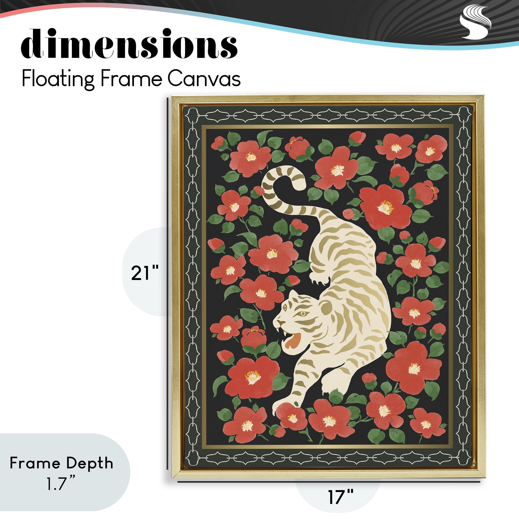Stupell Industries Ivory Tiger Among Camelias Gold Framed Floater Canvas Wall Art, design by Karolina Sato