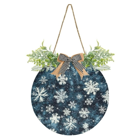 Winter Snowflakes Front Door Porch Decoration Hanging Sign with Artificial Green Plants and Bow for Home Outdoor Indoor