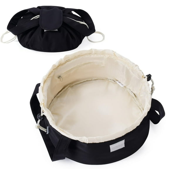 Narwey Barrel Drawstring Makeup Bag Large Cosmetic Bag Make up Bags Toiletry Bag Travel Pouch for Toiletries Organizer Handle for Women Gift, Black