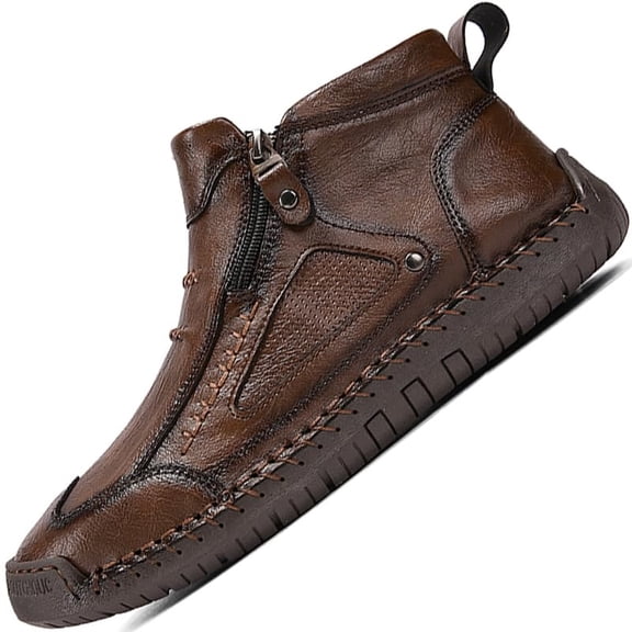 Men's High Top Loafers -Handcrafted Waterproof Leather Shoes, Ankle Boots with Side Zipper, Non-Slip Outdoor Sneakers, Warm Slip-On Footwear for Hiking Casual Walking