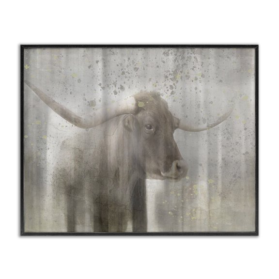 Stupell Industries Farmhouse Washed Out Distressed Surface Rustic Bull Black Framed Giclee Art, 14 x 11, by LightBoxJournal