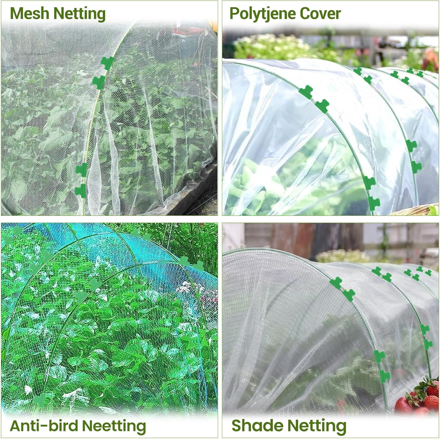Garden Netting Kit, 8 x 24 ft Fruit Tree Mesh Netting with 5 Sets Fiberglass Garden Hoops & 20 Clips, Insect Bird Barrier Cover for Vegetable, Fruit, Flowers Protection, White