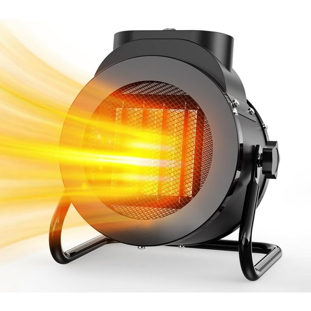 calentador de espacio,2000w calentador portátil con 3 modos,calefactor de bajo consumo con termostato protección contra sobrecalentamiento para obras, talleres, camping, garajes, calefactor baño Vista frontal centrada del calentador eléctrico CHVEGLUZ negro con parrilla circular que muestra el elemento cerámico PTC iluminado, soporte tubular en U, mango superior y perilla lateral para ajustar el ángulo de oscilación 90°; muestra flujo de aire caliente simulado. Modos 2000W/1000W/viento natural; también se usa a menudo para calentar pequeñas áreas de trabajo o tiendas de campaña.