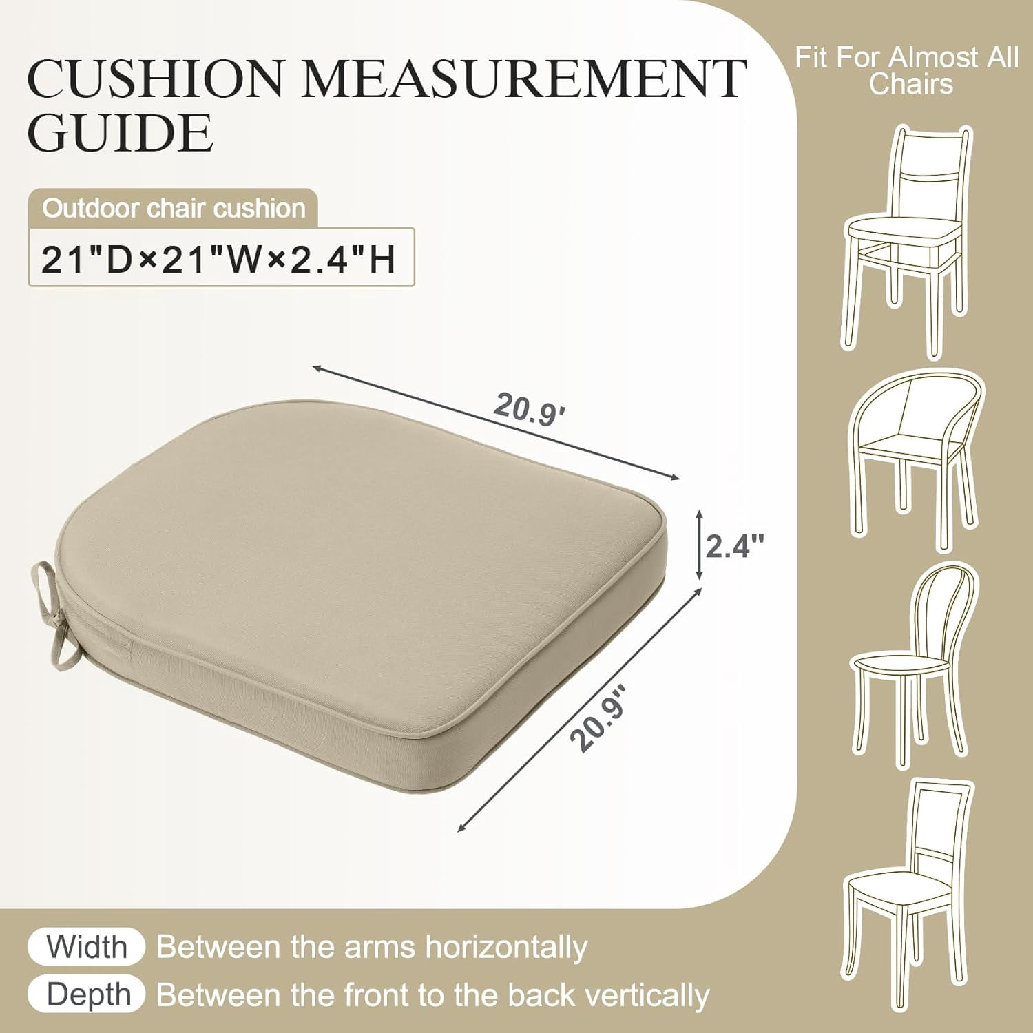 21 x 21 Inch Outdoor Chair Cushion Set of 2, Fade-Resistant and Water-Resistant Solution-Dyed Polyester Fabric Patio Chair Cushions with Straps for Outdoor/Indoor Dining Chairs