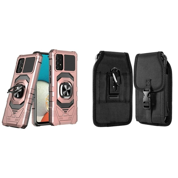 Case with Belt Holster Bundle for Samsung Galaxy A53 5G: Heavy Duty Shield Cover (Rose Gold) and Vertical Nylon Buckle Phone Pouch