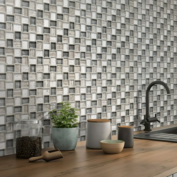 Apollo Tile 5 pack 11.8-in x 11.8-in Gray-Beige Brick Carrara and Glass Polished Mosaic Tile (4.83 Sq ft/case)