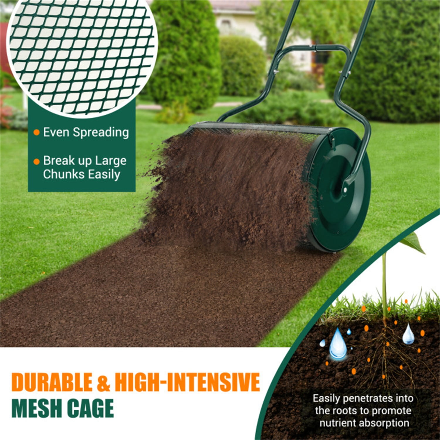 24-Inch Metal Mesh Compost Spreader with 2.7 Cu.ft Large Capacity, Heavy-Duty Rustproof Lawn Spreader for Peat Moss/Topsoil/Sand-Green