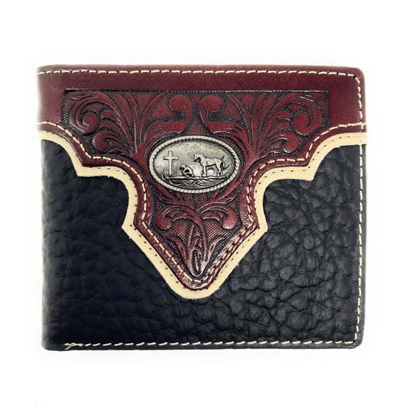 Western Genuine Leather Metal Praying Cowboy Cowhide Mens Bifold Short Wallet