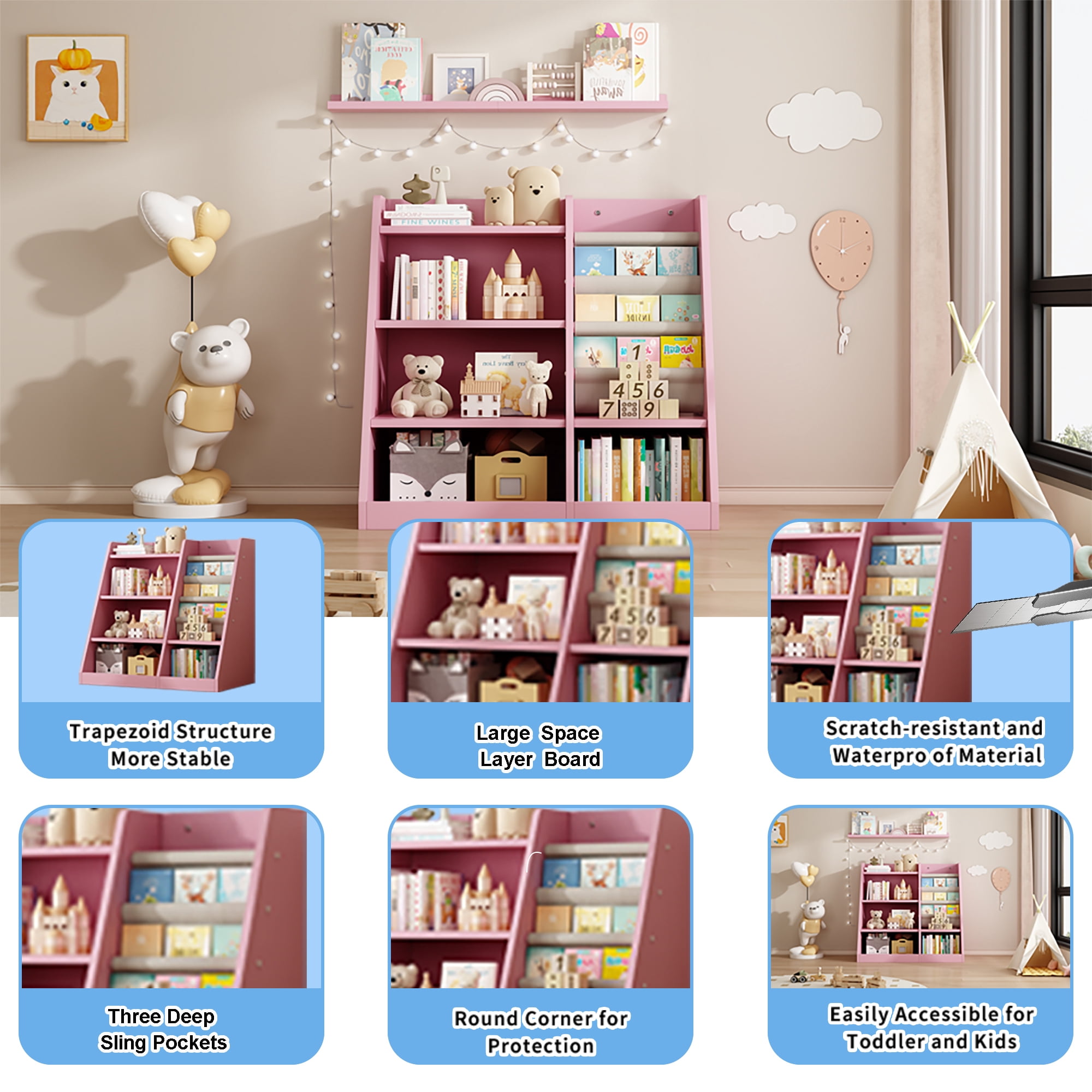 Aukfa Kids Bookshelf and Toy Storage,Wood Storage Organizer for Playroom Bedroom,Pink