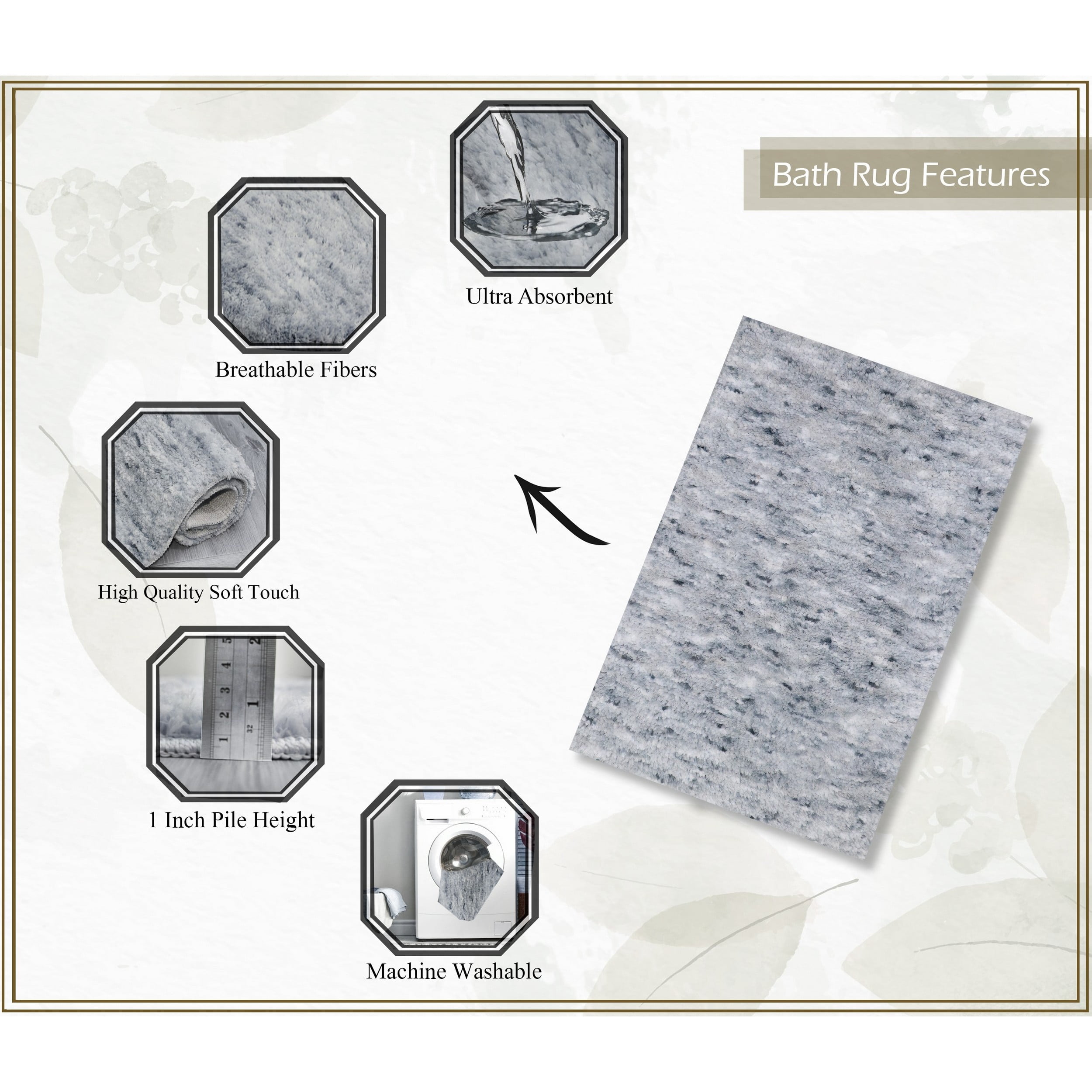 Home Weavers Essential 3-Piece Bathroom Rug Set, Plush Microfiber Bath Mat, U-Shaped Contour Rug and Toilet Lid Cover, Ultra Absorbent, Quick-Dry, Non-Slip Bathroom Mats, Machine Washable, Grey