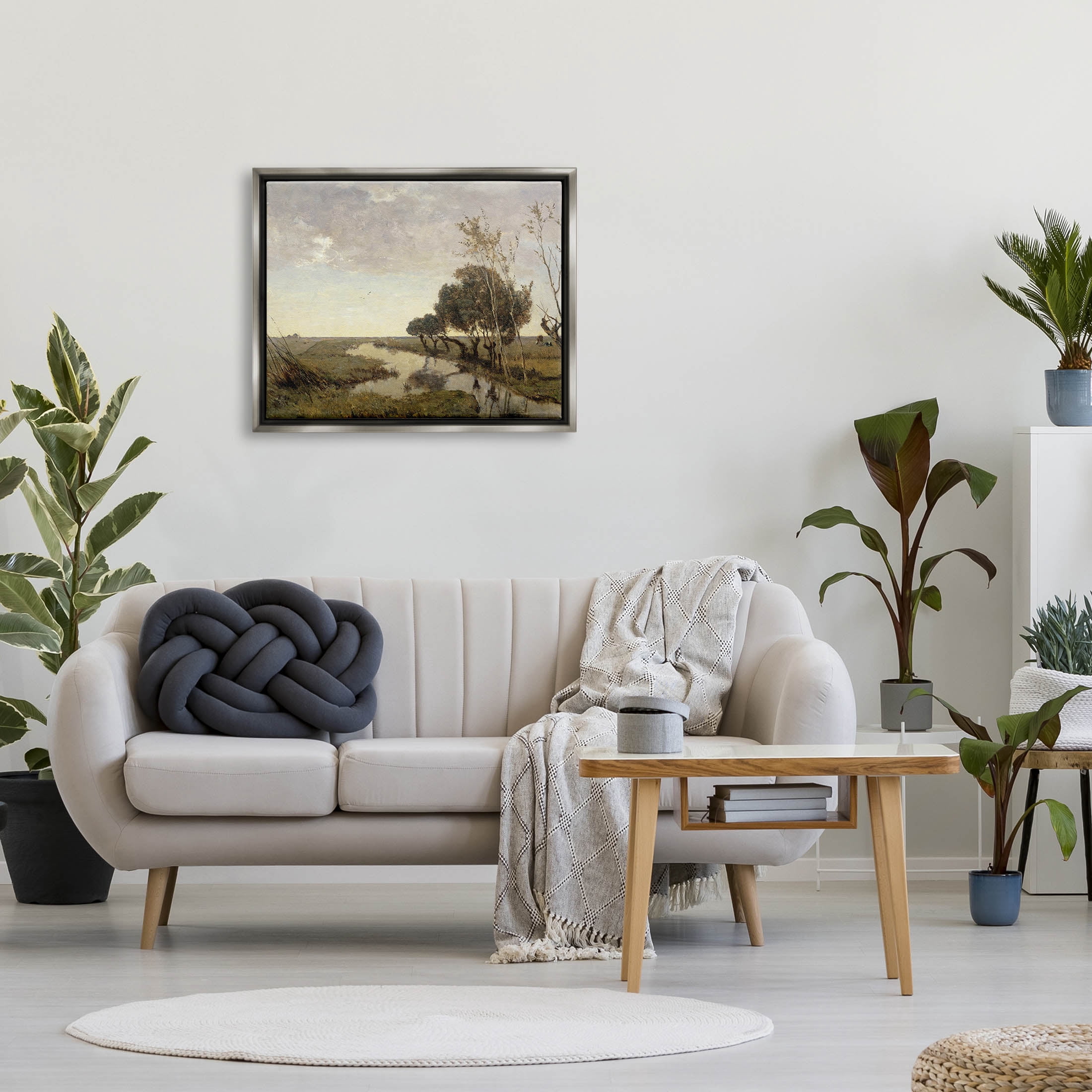 Classic Stream Animals Grazing Landscape Painting Luster Gray Framed Art Print Wall Art