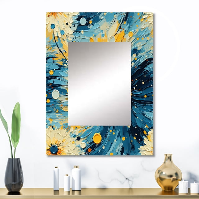 Designart "Explosive Digital Doodles In Pop Art I" Abstract Wall Mirror, Printed Blue Wall Mirror, Modern Bathroom Wall Mirror, Decorative Abstract Mirror - 24x32 Inch
