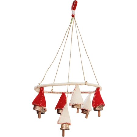 Handmade Felt Craft Hanging Rustic Bells Wind Chimes on Jute Rope Outdoor (Red & White)
