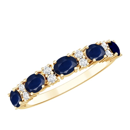 Rosec Jewels Blue Sapphire Half Eternity Wedding Ring for Women - Natural Blue Sapphire Diamond Ring - with Jewelry Box 14K Yellow Gold US 10.00