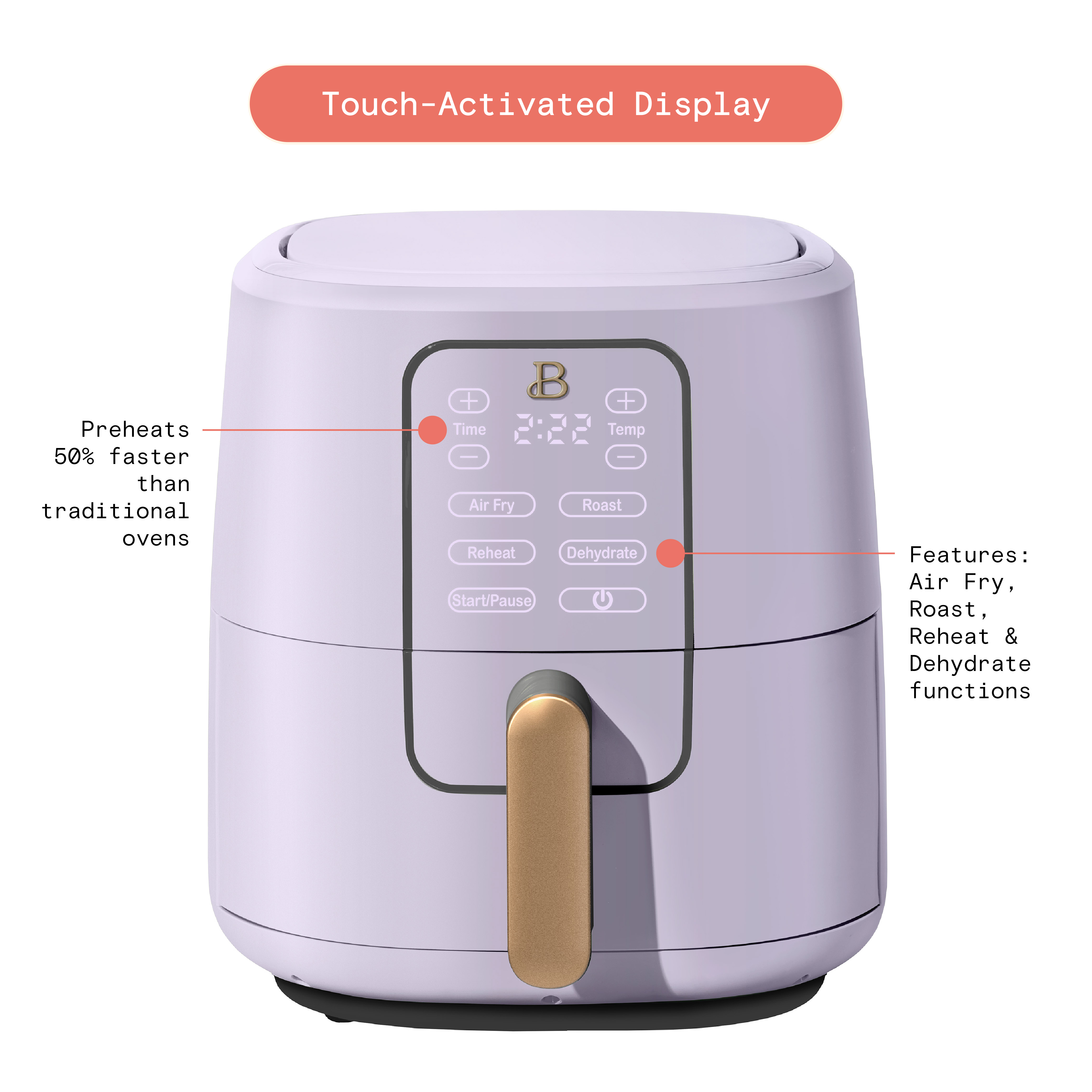 Beautiful 6 Qt Air Fryer with TurboCrisp Technology and Touch-Activated Display, Lavender by Drew Barrymore - image 4 of 10