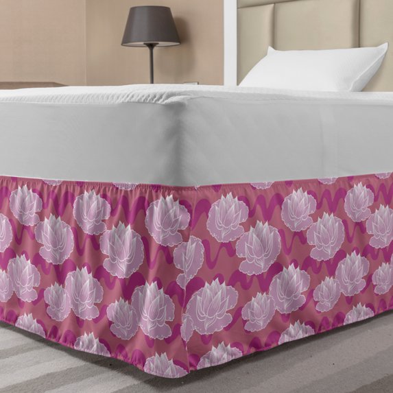 Lotus Bed Skirt, Flower Arrangement Japanese Folklore Waterlilies on Swirled Backdrop, Elastic Bedskirt Dust Ruffle Wrap Around for Bedding Decor, 4 Sizes, Pink Coral Pale Pink, by Ambesonne