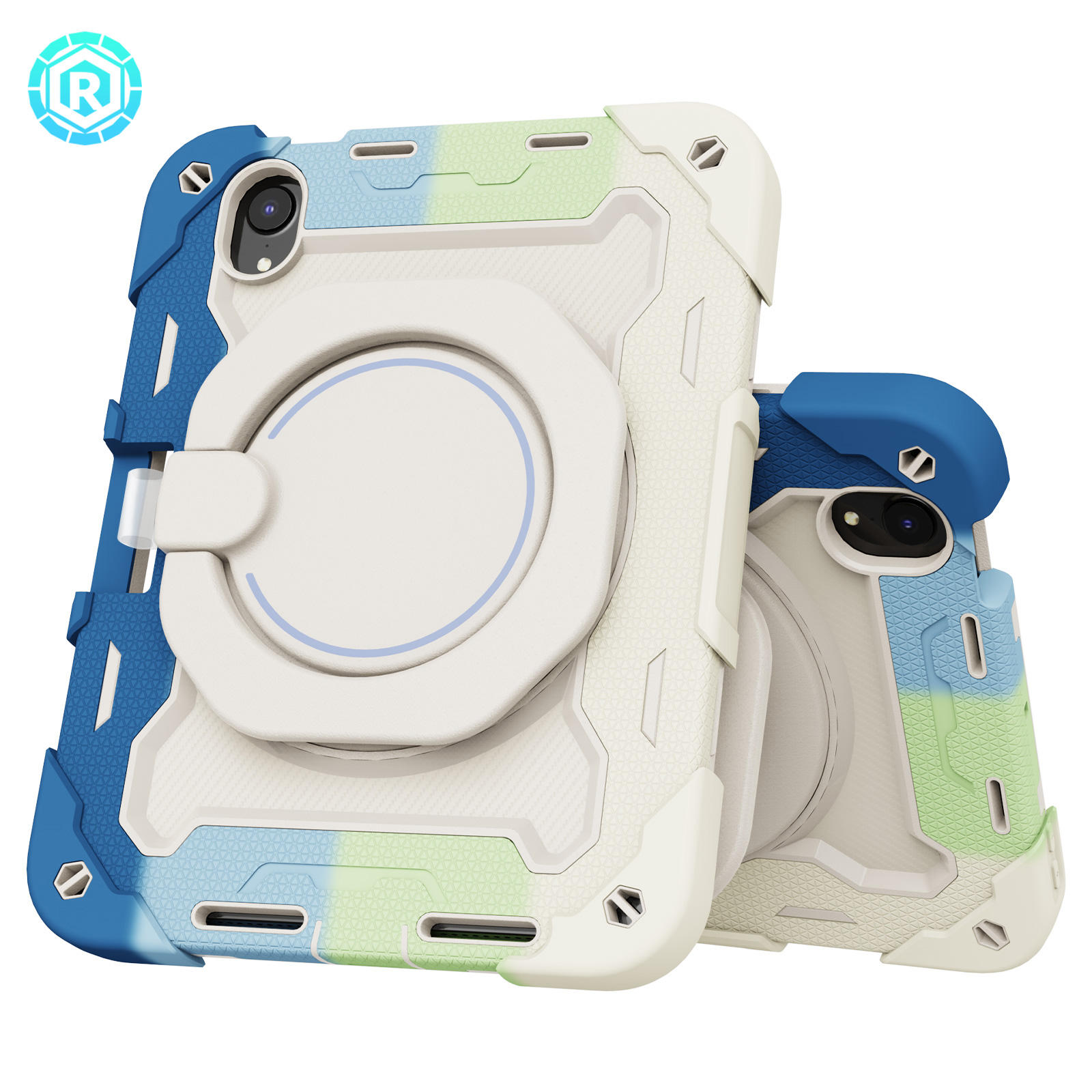 3-in-1 Case for Apple iPad Mini 2021 (8.3 Inch, 6th Generation) Tablet - Shockproof Drop Proof Rugged Cover, Built-in Pencil Holder /Kickstand /Handle, Protective Hard Shell (Rainbow Blue)