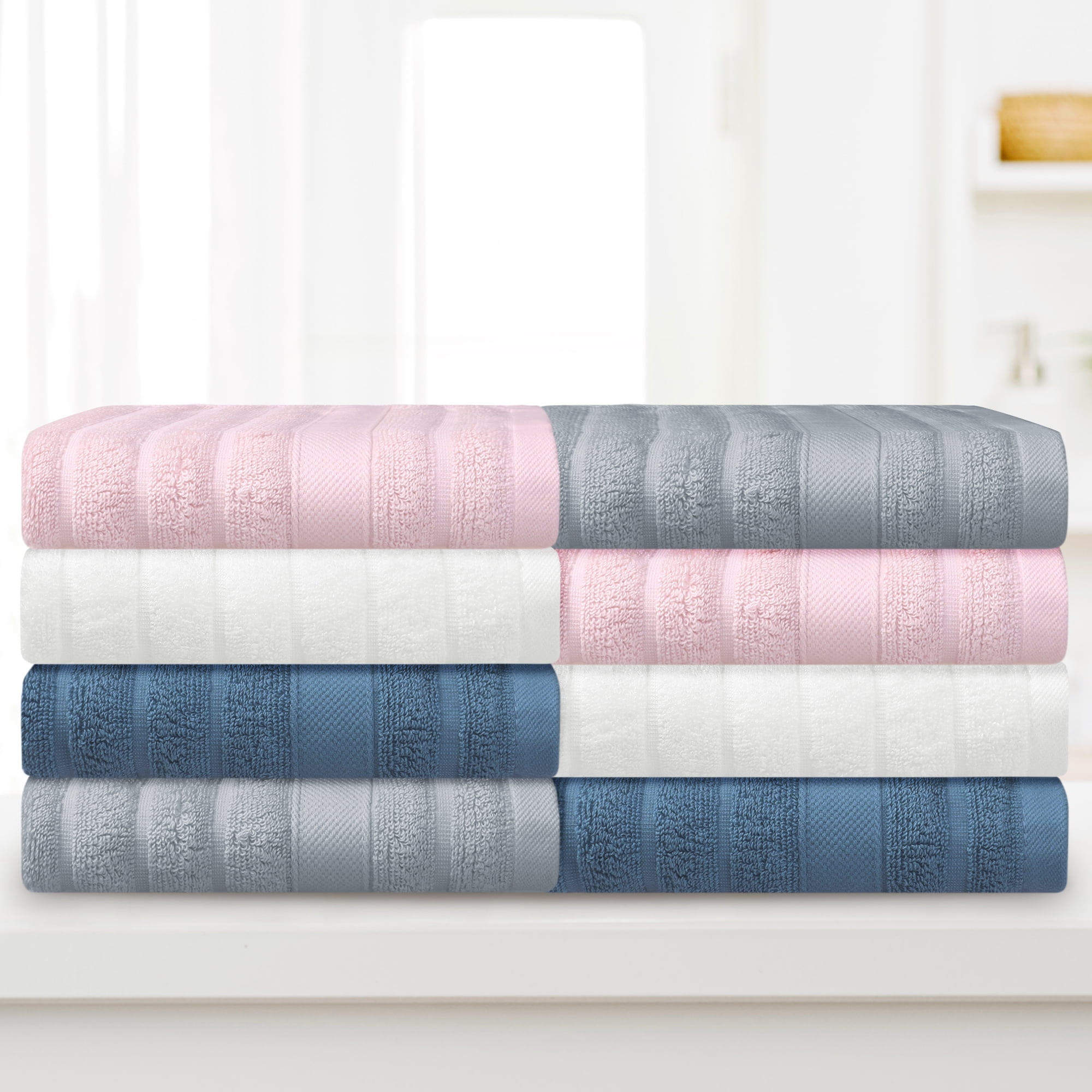 Unique Bargains Striped Cotton Hand Towel 14" x 30" 4 Pcs Grey/Navy Blue