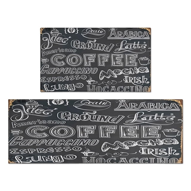Coffee Black Text Pattern Kitchen Mats for Floor Set Of 2,Kitchen Rugs Mats with Dirty Resistance,washable,Non-Slip,kitchen Mats 17.7x24+17.7x48inch