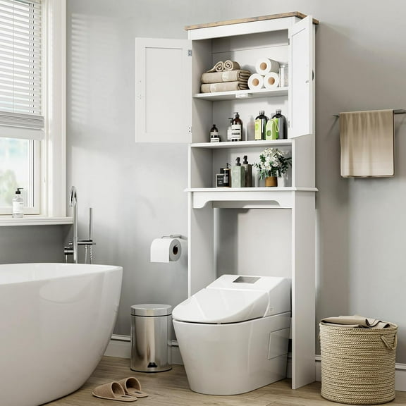 White Over The Toilet Storage Cabinet  with Double Doors & Adjustable Shelves 66''H Bathroom Space Saver Organizer Easy Assembly