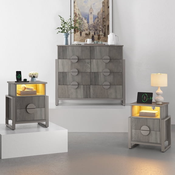LGHM 3 Piece Bedroom Dresser and Nightstand Set, Fluted 8 Drawer Double Dresser, 2 Pcs Bed Side Tables End Table with LED Lights for Living Room, Gray