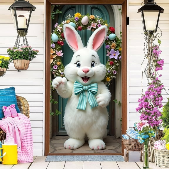 Easter Bunny Door Cover,Spring Rabbit Wreath Door Hanging with Colorful Eggs,Decorative Door Banner for Front Porch Wall Indoor Outdoor Holiday Party Decor