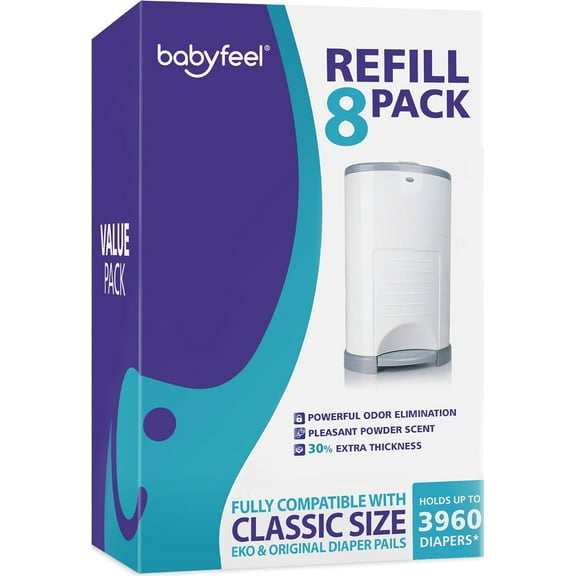 Refills Compatible with DEKOR CLASSIC Diaper Pails | 8 Pack | Exclusive 30% Extra Thickness | Diaper Pail Refills with Powerful Odor Elimination | Powder Scent | Holds up to 3960 Diapers
