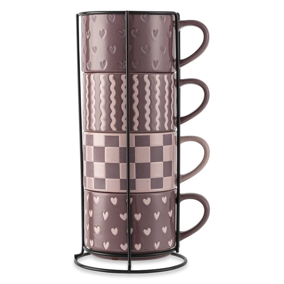 Thyme & Table 4 Pack Stacking Mugs, Purple Hearts, Purple Checkered and Purple Squiggles 11.1 fl oz, Stoneware